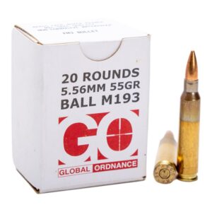 Global Ordnance M193 Rifle Ammunition 5.56x45mm 55 gr FMJ 3162 fps 20/ct