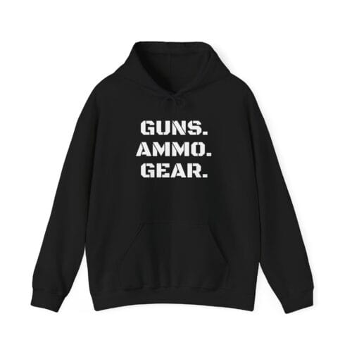 Guns. Ammo. Gear. Hoodie – Tactical Shooter Pullover with Target Back Print