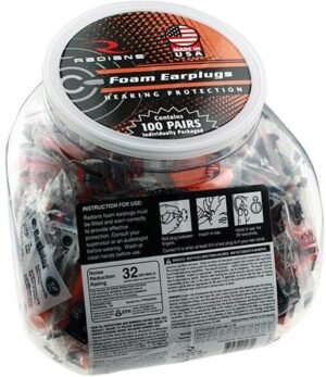 Radians 100 pairs of Uncorded Foam Earplugs in Poly Bags in a Jar
