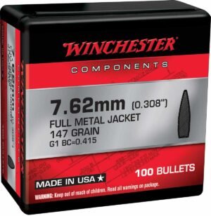 Winchester FMJBT Bullets 7.62mm .308" 147gr 100/ct