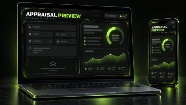 AI-generated appraisal interface layout on a laptop and phone with obscured form fields and an illustrative report.