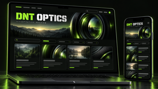AI-generated DNT Optics information-page layout on a laptop and phone with abstract lens and landscape imagery.