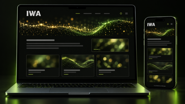AI-generated IWA information-page layout on a laptop and phone with abstract decorative light patterns.