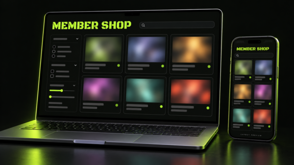 Illustrative Member Shop layout on a laptop and phone with abstract blurred item cards.